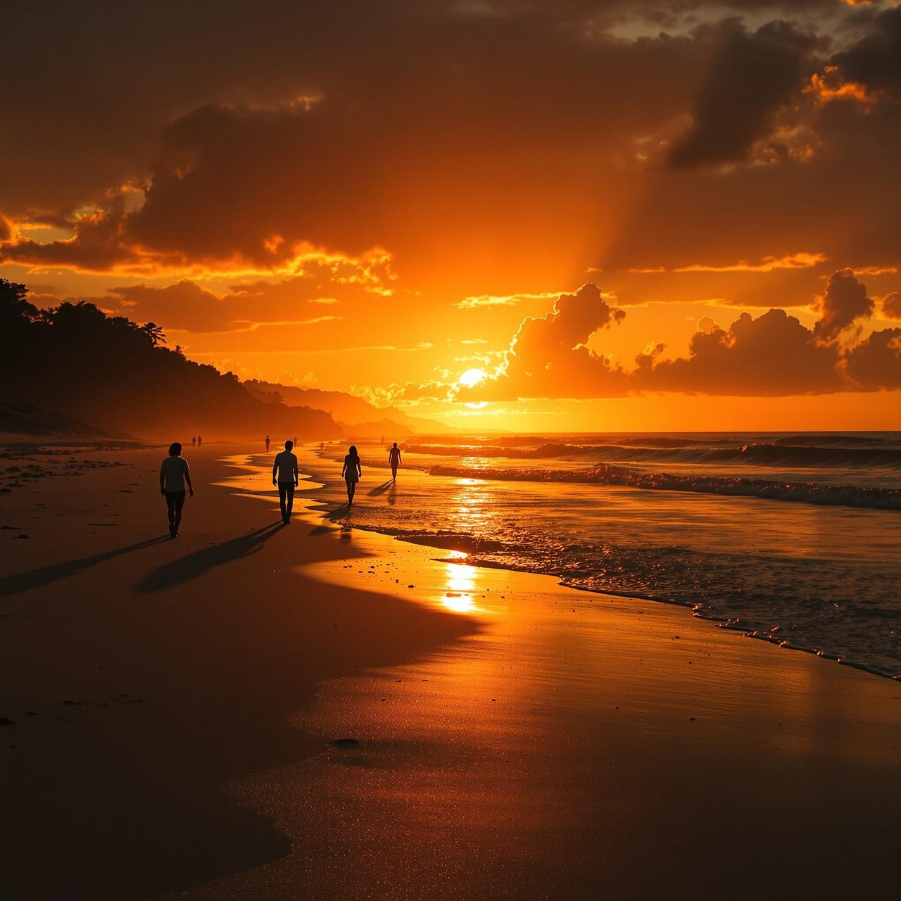 夕阳海滩浪漫剪影画面